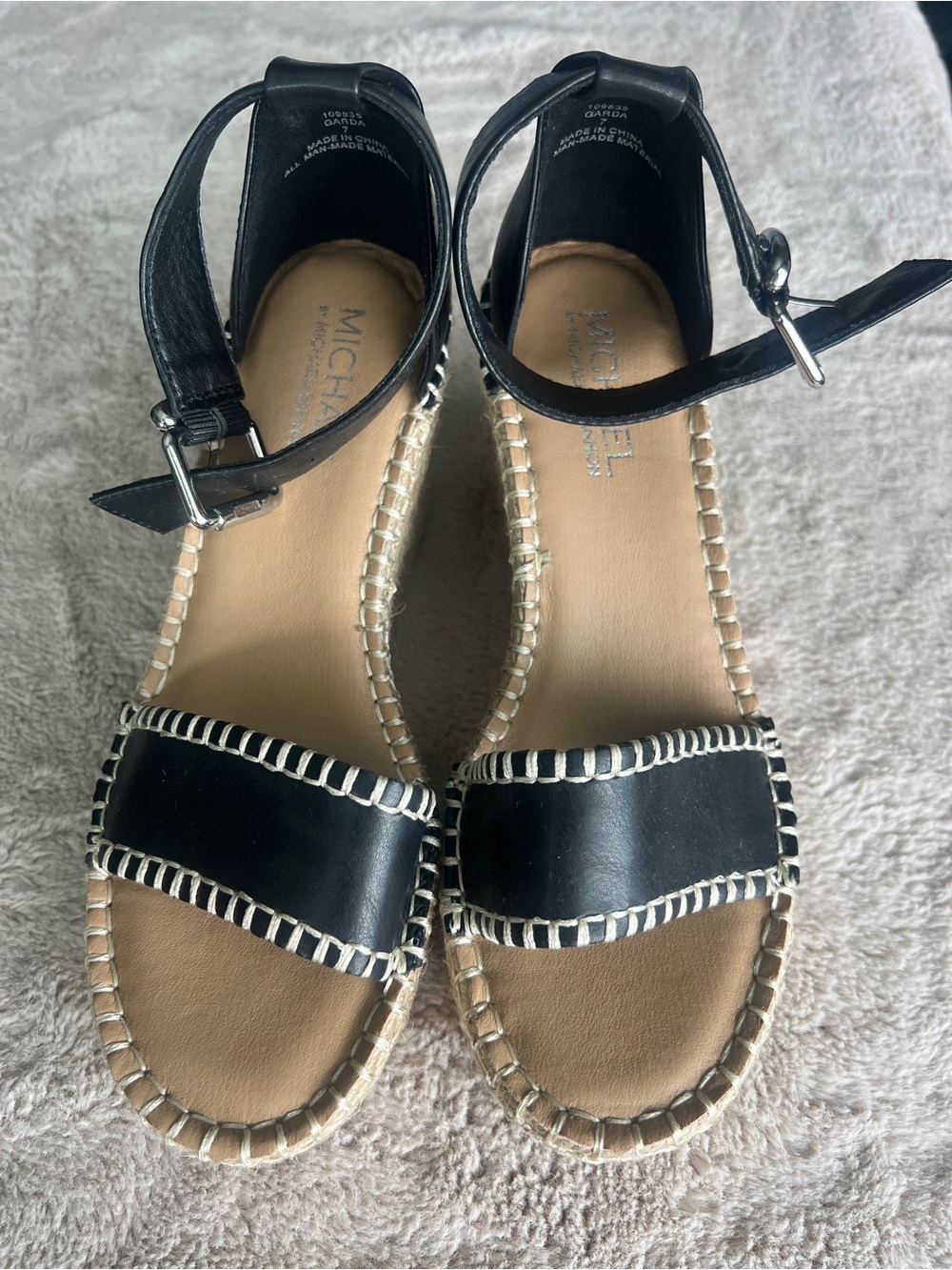 Black and Tan Leather Espadrille Ankle-Strap Wedge Sandals